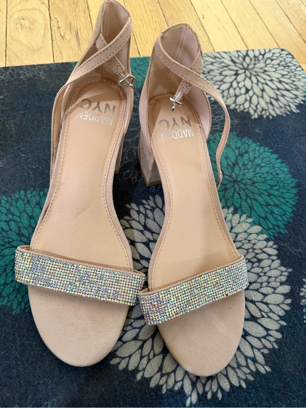 Madden NYC Blush Block Heel Sandals with Rhinestone Toe Strap